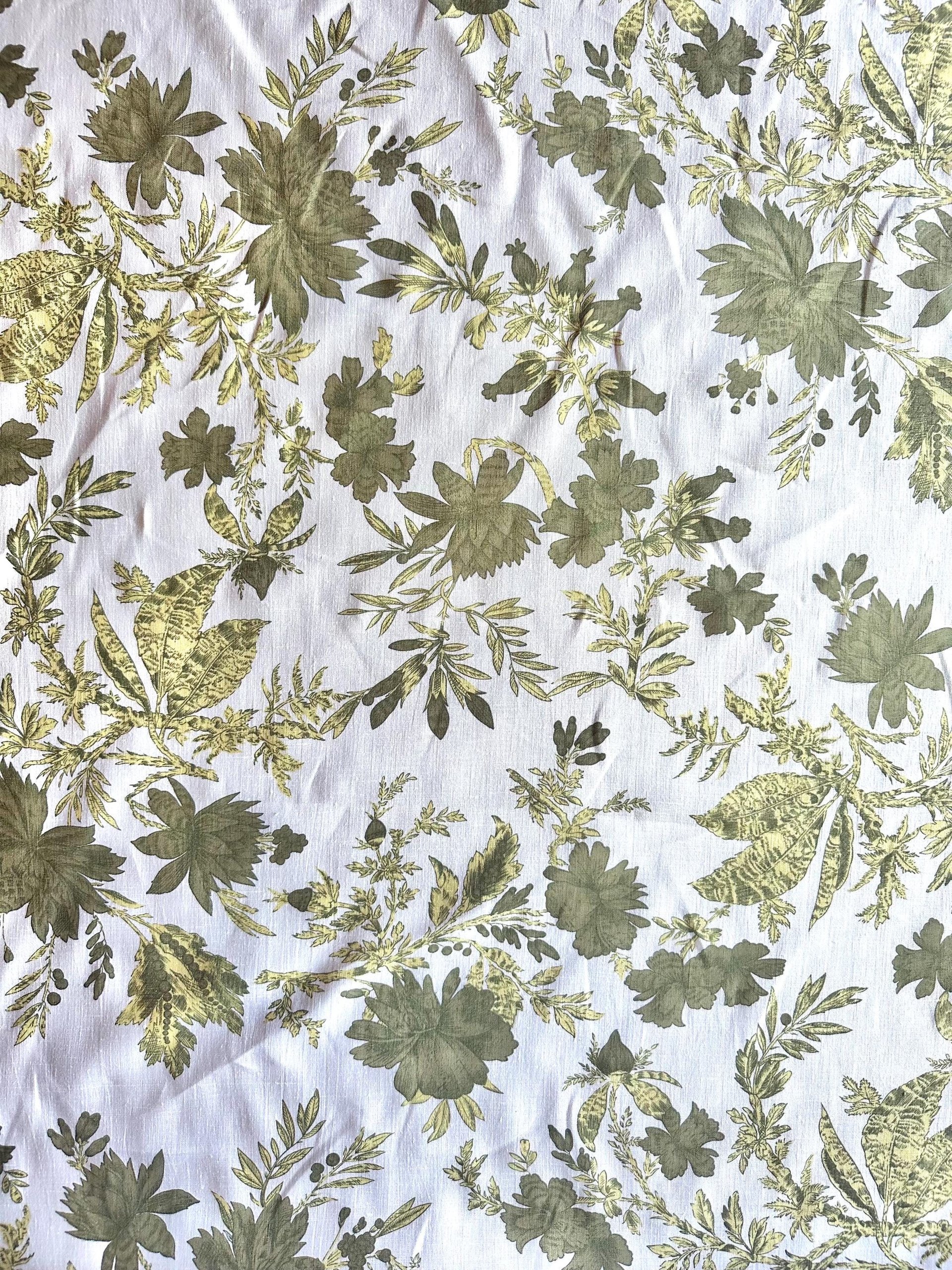Linen Deadstock Yardage || Green Botanical Lightweight Linen on White
