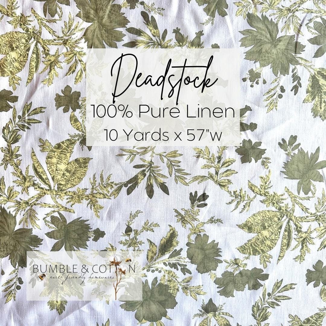 Linen Deadstock Yardage || Green Botanical Lightweight Linen on White