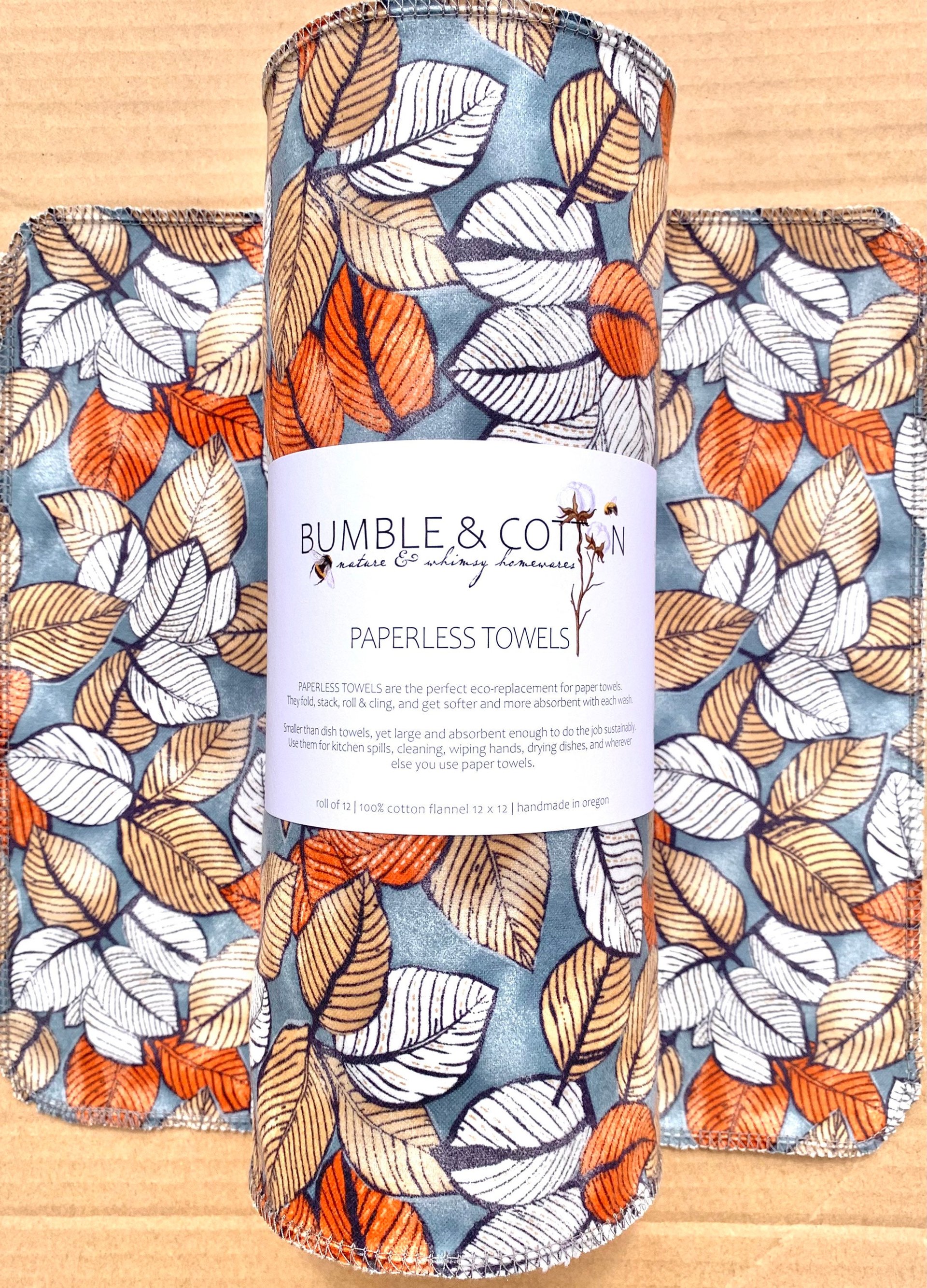 Leaves on grey Paperless Towels || Unpaper Towels || Eco Sustainable Zero Waste Kitchen 12x12 Sheets