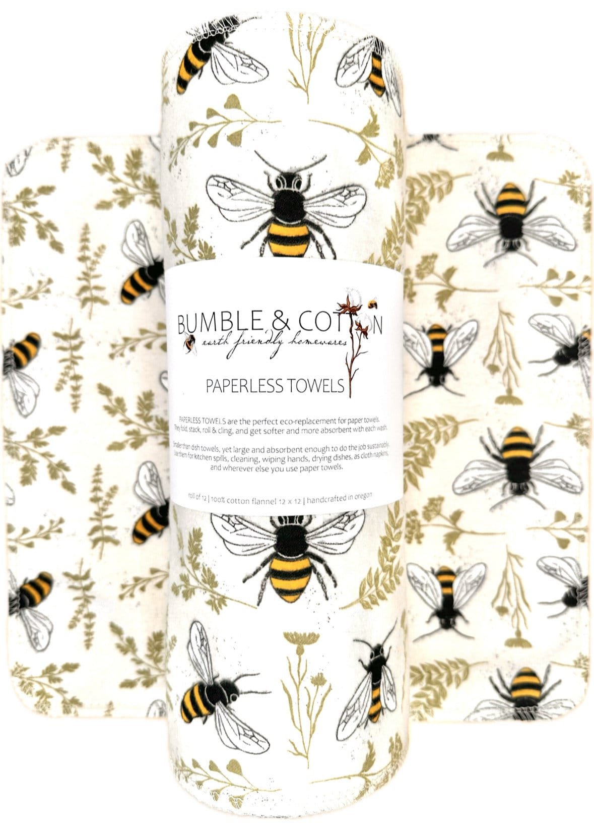 Bees + Plants Paperless Towels || 6 or 12 Unpaper Towels || Washable Wipes 12x12